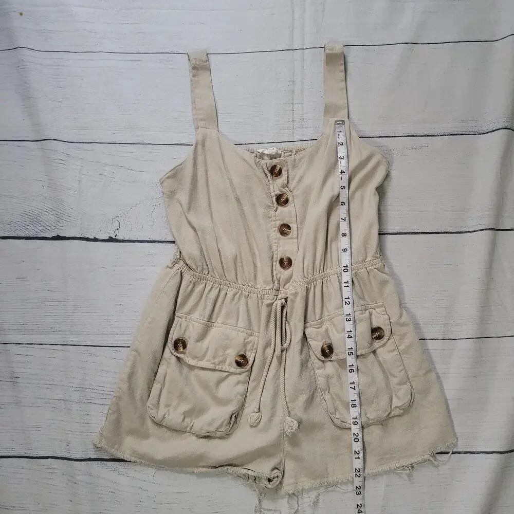 Mine‎ Size L Carlen Romper Raw Hem Beige Sleeveless Shorts Buttons Causal
